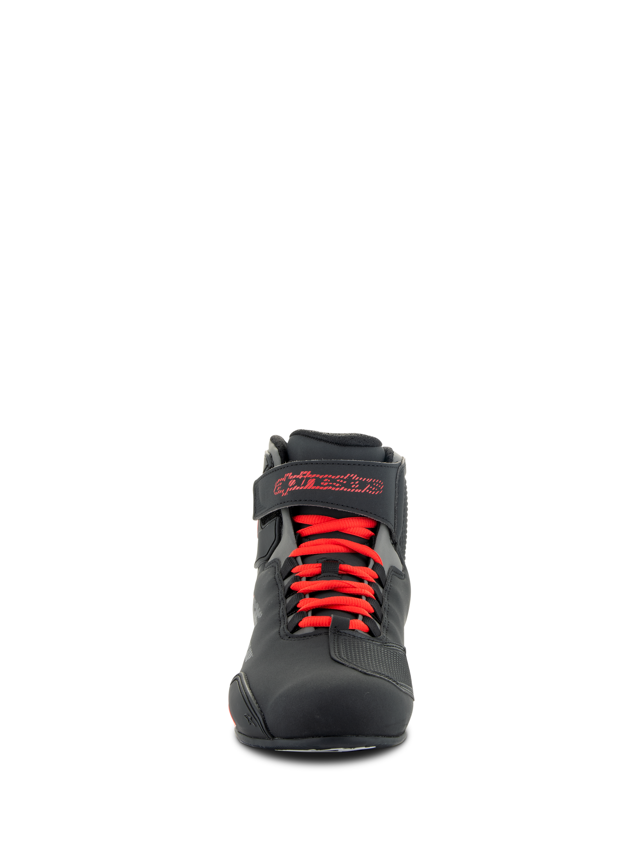 Alpinestars Sektor Shoes, Motorcycle Riding Shoes, Black and Bright Red, front view showing red laces and ankle strap with red Alpinestars logo, durable microfiber construction with a sleek sport profile