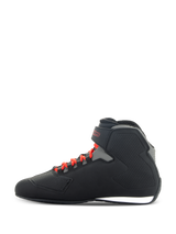 Alpinestars Sektor Shoes, Black and Bright Red, side profile of low-cut motorcycle riding shoes featuring bright red laces, black microfiber upper with grey accents, adjustable ankle strap with red branding, and textured protective panels.