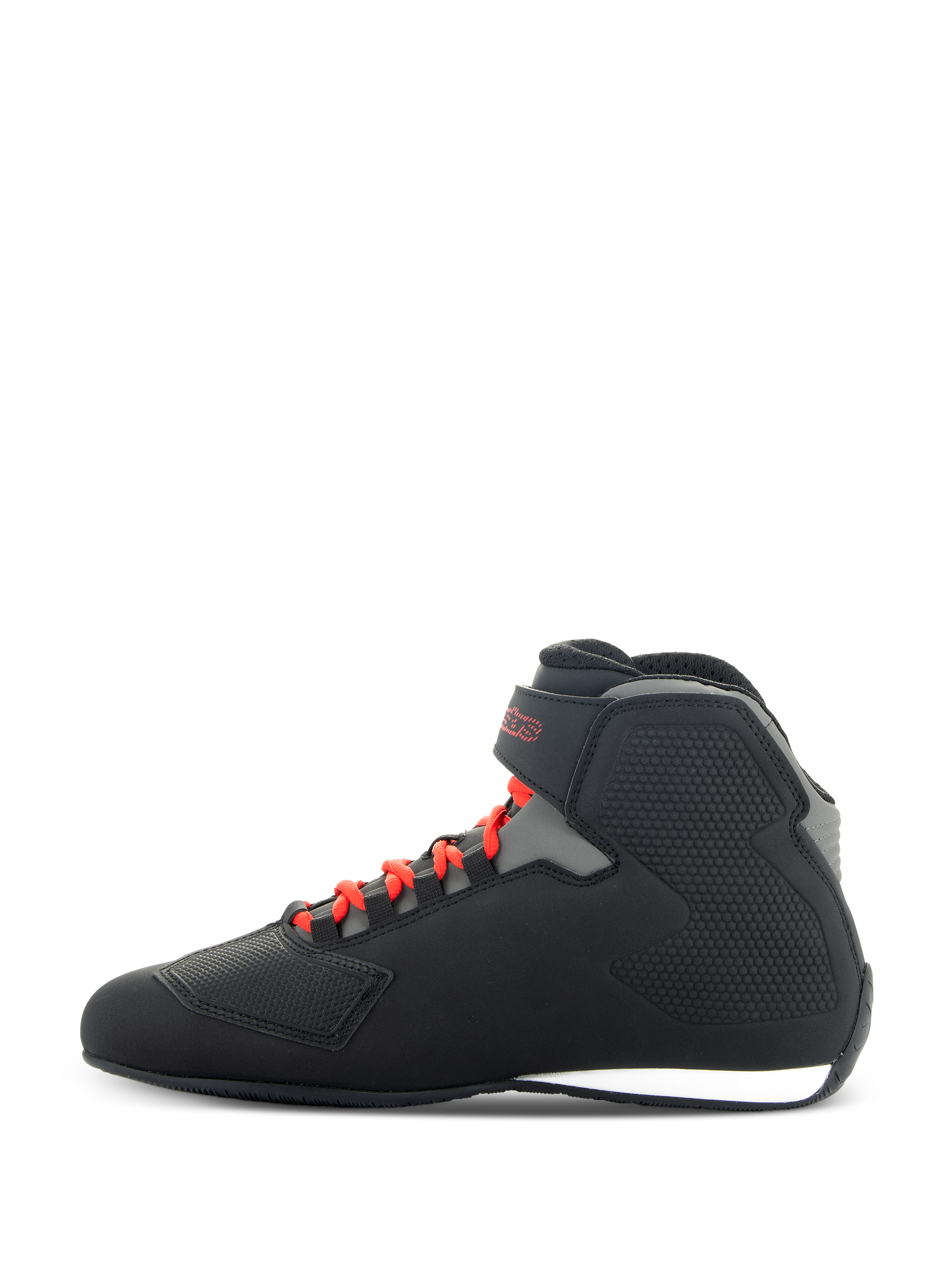 Alpinestars Sektor Shoes, Black and Bright Red, side profile of low-cut motorcycle riding shoes featuring bright red laces, black microfiber upper with grey accents, adjustable ankle strap with red branding, and textured protective panels.