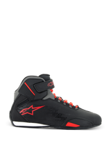 Alpinestars Sektor Shoes, Motorcycle Riding Shoes, Black and Bright Red, side profile view of high-top microfiber shoe featuring red speed laces, adjustable ankle strap, and red star logo, sleek road-riding design