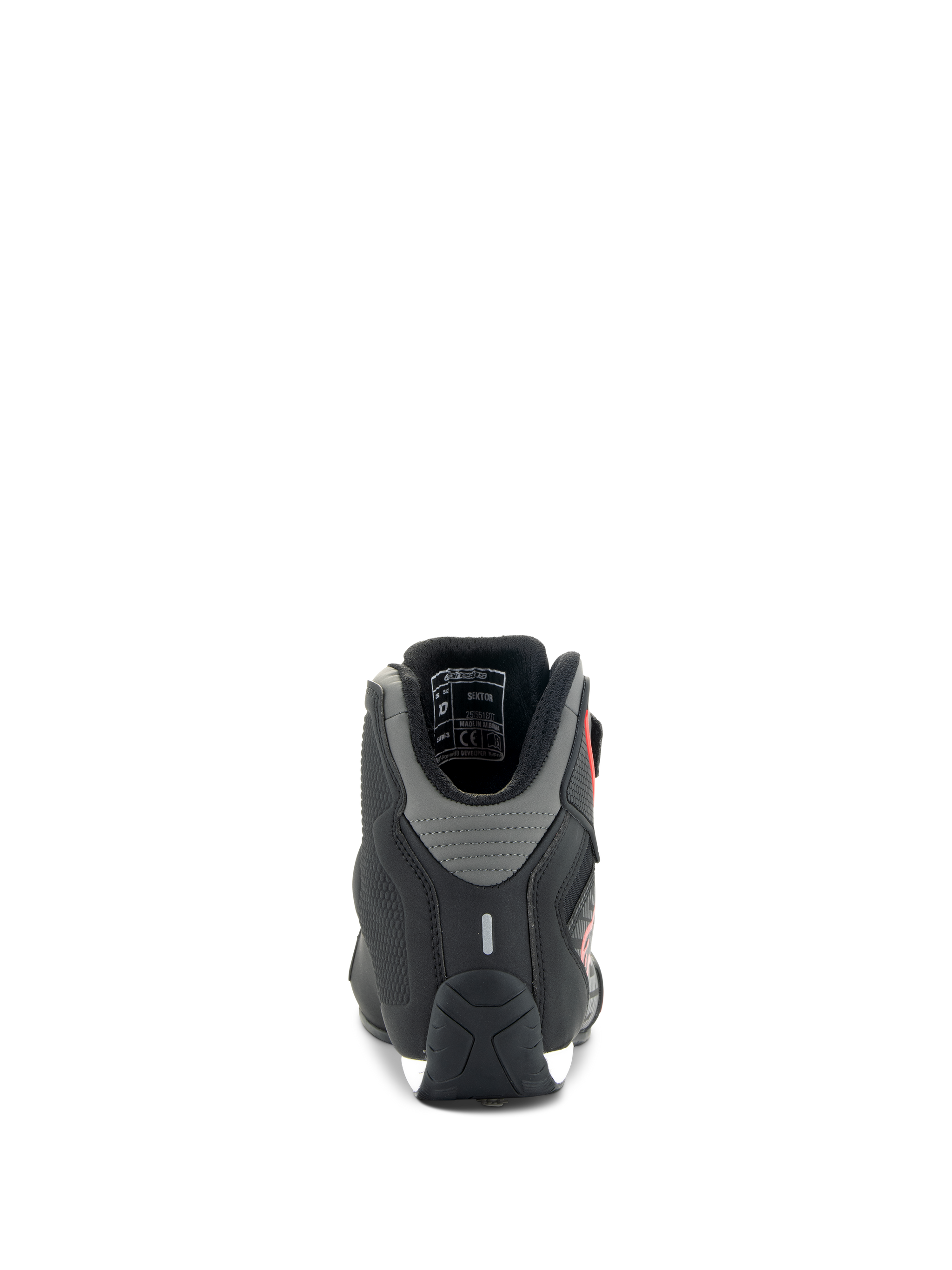 Alpinestars Sektor Shoes, Motorcycle Riding Shoes, Black and Bright Red, rear view showing grey heel panels and reflective strip, sleek lightweight microfiber construction for road riding