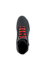 Alpinestars Sektor Shoes, Black and Bright Red, top-down view of motorcycle riding shoe, bright red laces and adjustable ankle strap, sleek microfiber upper with shift pad reinforcement, sporty road-riding design