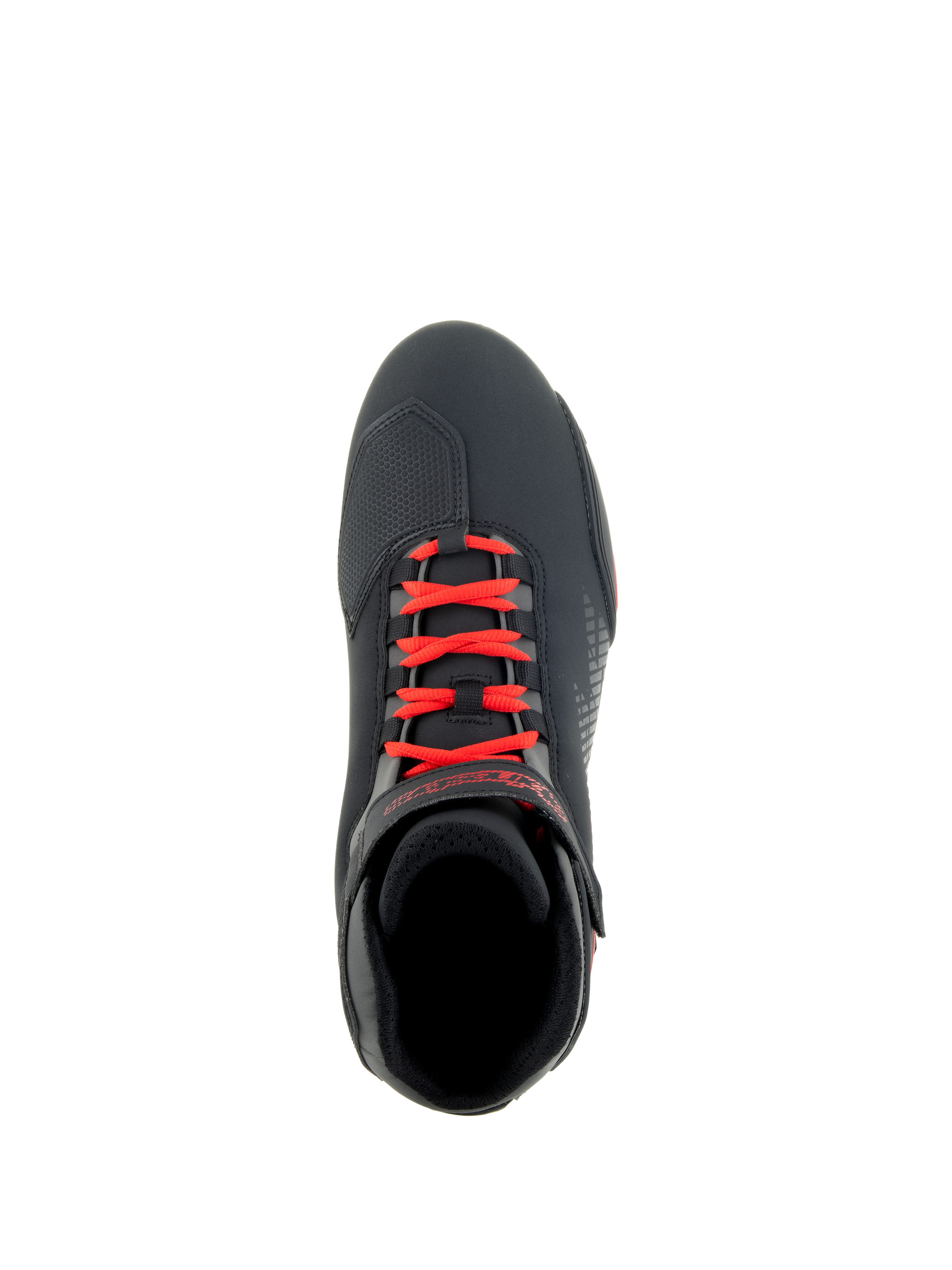 Alpinestars Sektor Shoes, Black and Bright Red, top-down view of motorcycle riding shoe, bright red laces and adjustable ankle strap, sleek microfiber upper with shift pad reinforcement, sporty road-riding design