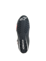 Alpinestars Sektor Shoes, Motorcycle Riding Shoes, Black and Bright Red, bottom view of textured rubber sole featuring white Alpinestars branding and integrated support shank for grip and stability.