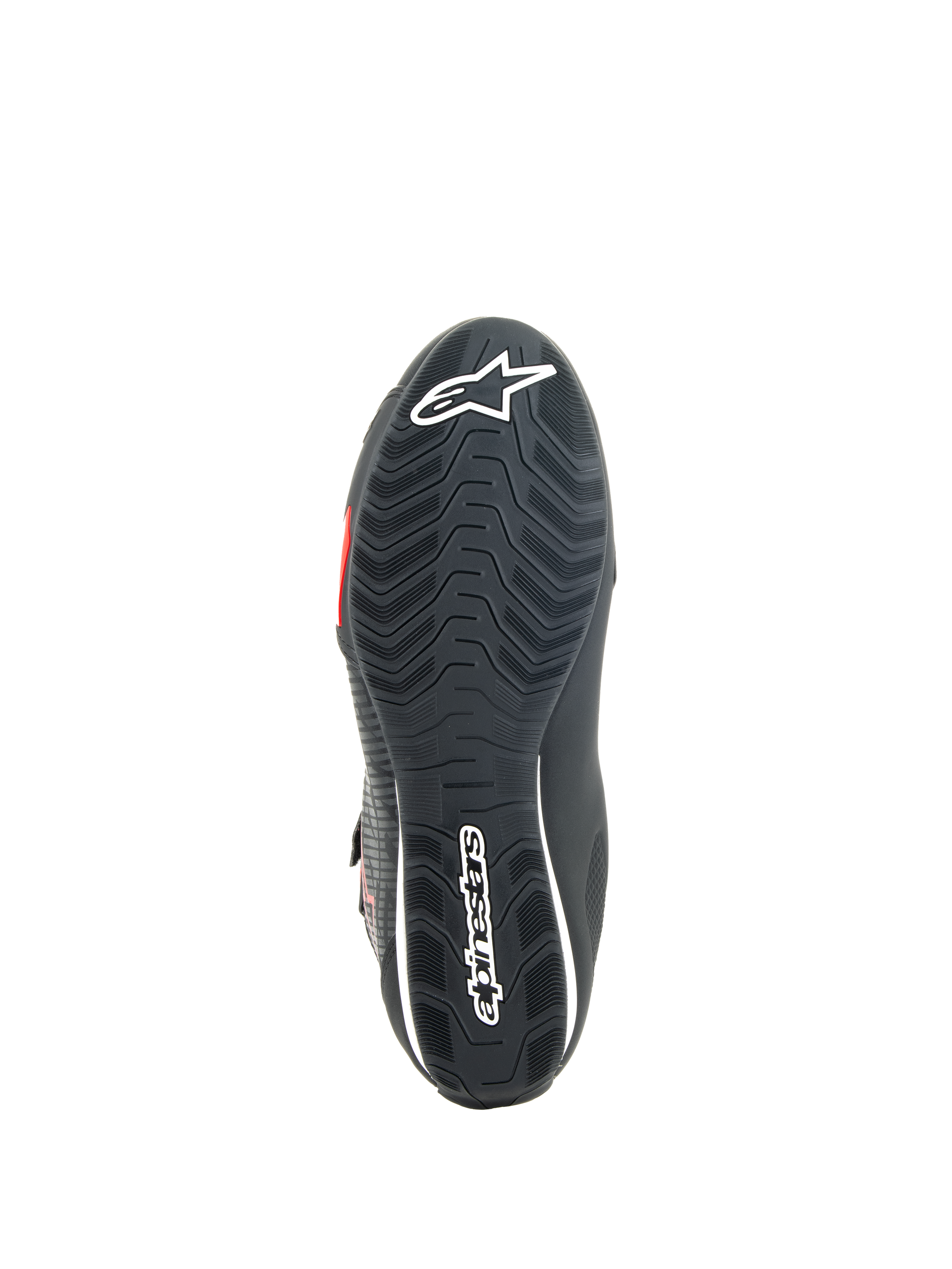 Alpinestars Sektor Shoes, Motorcycle Riding Shoes, Black and Bright Red, bottom view of textured rubber sole featuring white Alpinestars branding and integrated support shank for grip and stability.