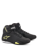 Alpinestars Sektor Shoes, Motorcycle Riding Shoes, Black and Yellow Fluorescent, mid-cut design featuring speed lacing and velcro ankle straps, yellow Alpinestars logo on the side, lightweight microfiber construction with sleek finish