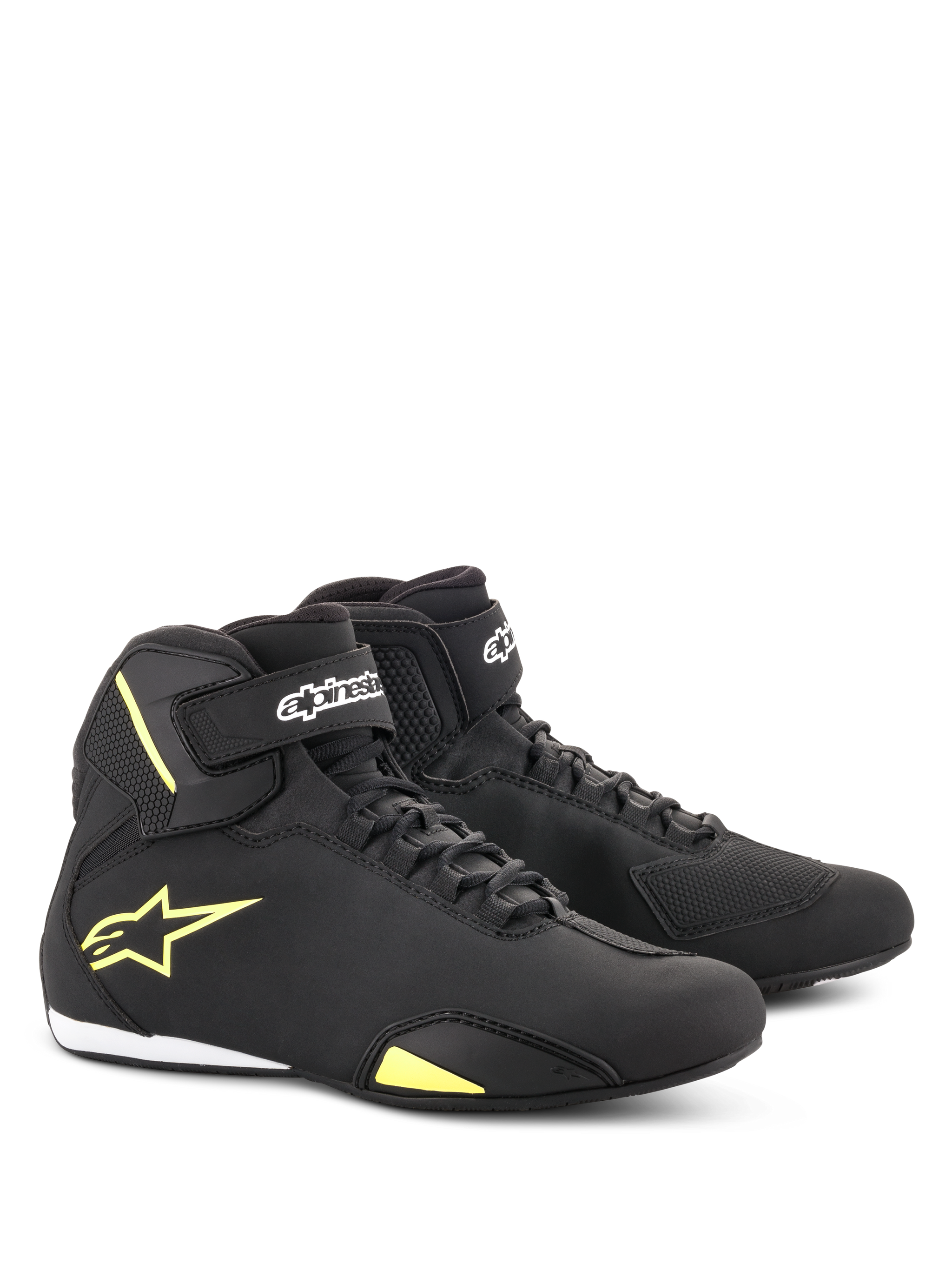 Alpinestars Sektor Shoes, Motorcycle Riding Shoes, Black and Yellow Fluorescent, mid-cut design featuring speed lacing and velcro ankle straps, yellow Alpinestars logo on the side, lightweight microfiber construction with sleek finish
