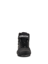 Alpinestars Sektor Shoes, Motorcycle Riding Shoes, Black and Yellow Fluo, front view featuring speed lacing system, ankle strap with white branding, and lightweight microfiber construction