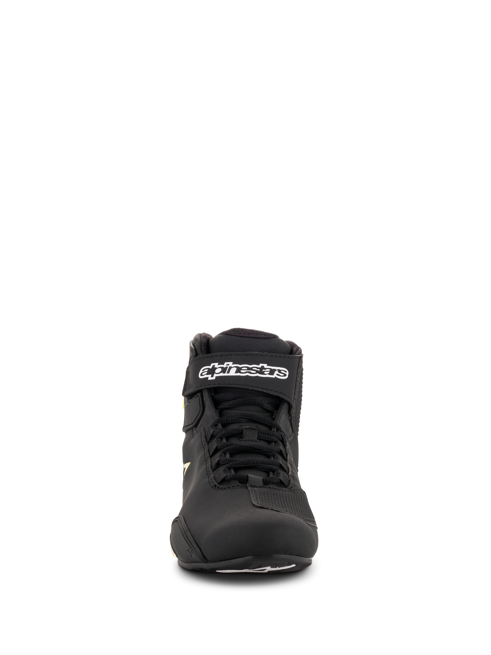 Alpinestars Sektor Shoes, Motorcycle Riding Shoes, Black and Yellow Fluo, front view featuring speed lacing system, ankle strap with white branding, and lightweight microfiber construction