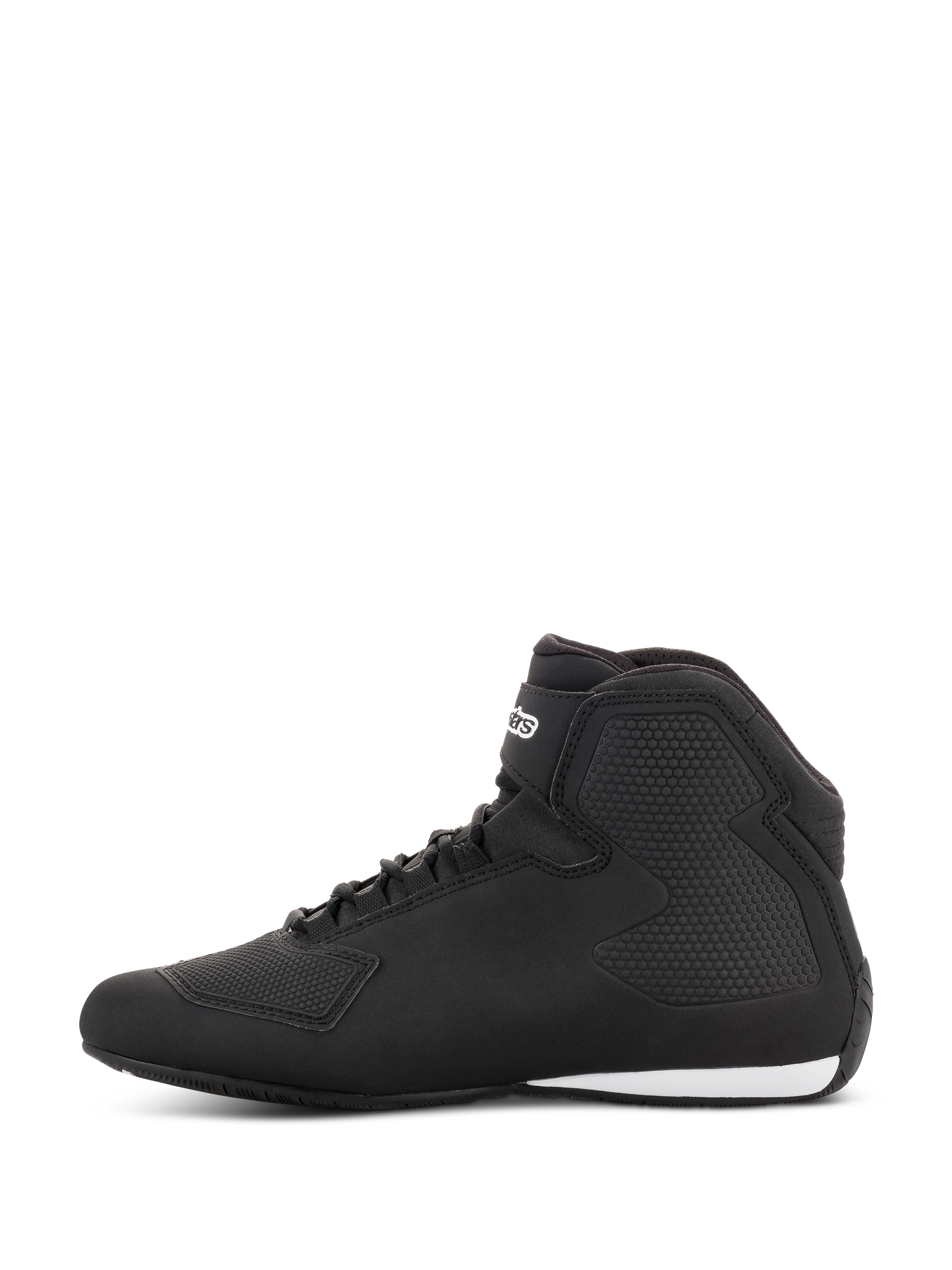 Alpinestars Sektor Shoes, Motorcycle Riding Shoes, Black and Dark Grey, side profile view, featuring lightweight microfiber construction, speed lacing system with ankle strap, and textured protective panels.