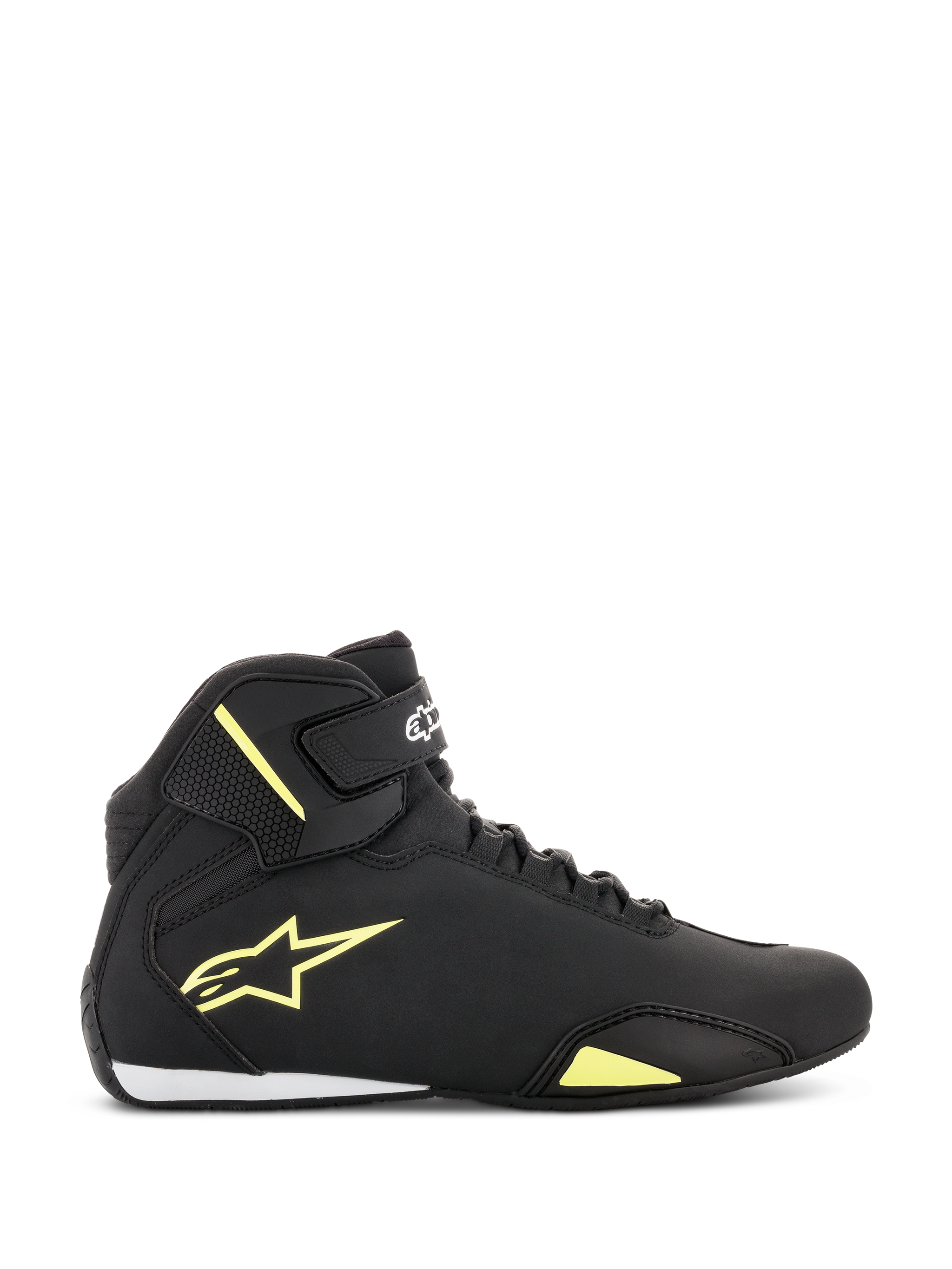 Alpinestars Sektor Shoes, Motorcycle Riding Shoes, Black and Yellow Fluorescent, side profile view featuring a yellow Astars logo, ankle strap with white branding, speed lacing system, and sleek microfiber construction.