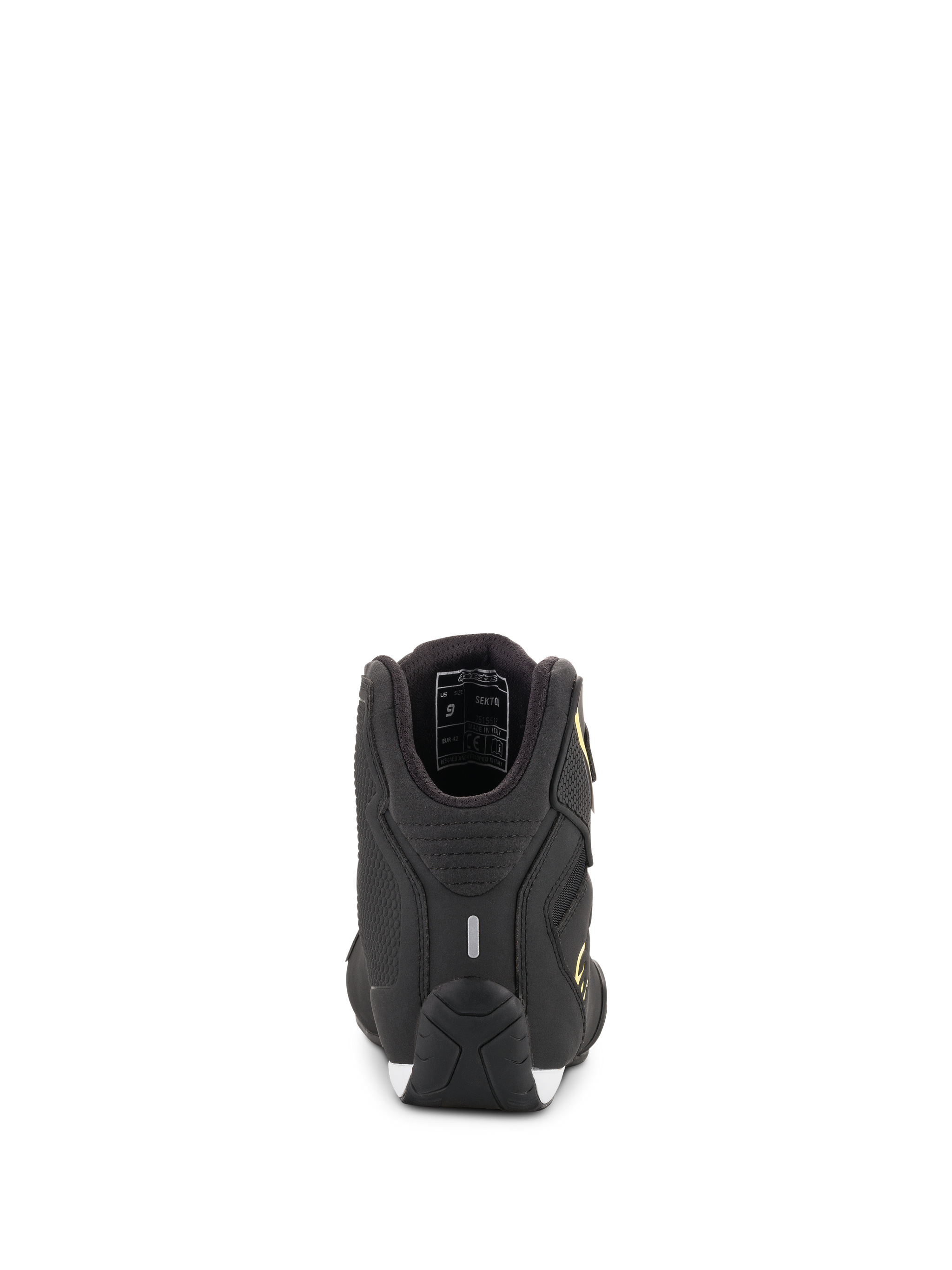 Alpinestars Sektor Shoes, Motorcycle Riding Shoes, Black and Yellow Fluo, rear view showing the heel with reflective strip and inner lining details, textured performance sole