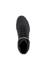 Alpinestars Sektor Shoes, Motorcycle Riding Shoes, Black Yellow Fluo, top-down view featuring black microfiber upper, speed lacing system, ankle strap with white Alpinestars logo, and textured shifting pad.