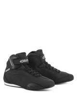 Alpinestars Sektor Shoes, Motorcycle Riding Shoes, Black, sleek mid-cut profile with microfiber upper, speed lacing system, white Alpinestars logo on the ankle strap, and durable rubber sole