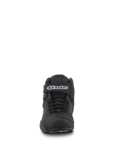 Alpinestars Sektor Shoes, Black, Front View, featuring speed lacing system and ankle strap with Alpinestars logo, lightweight microfiber motorcycle riding footwear
