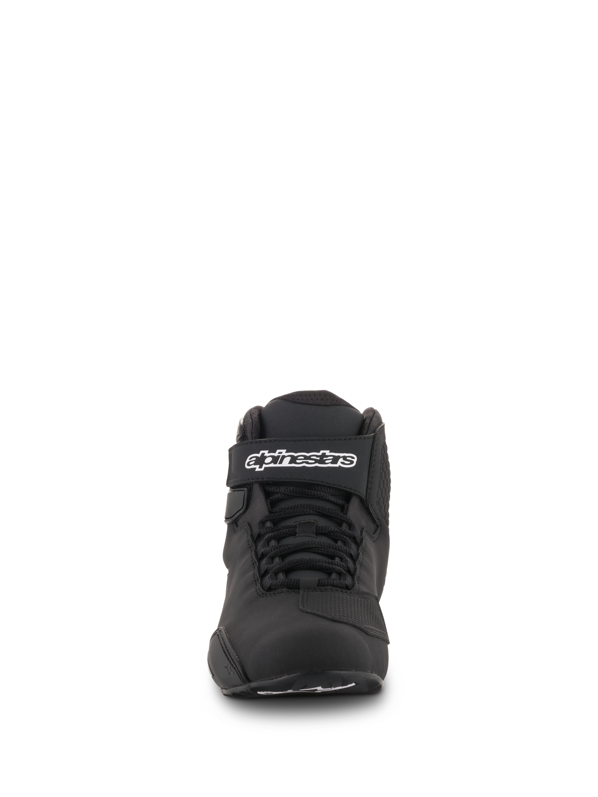 Alpinestars Sektor Shoes, Black, Front View, featuring speed lacing system and ankle strap with Alpinestars logo, lightweight microfiber motorcycle riding footwear