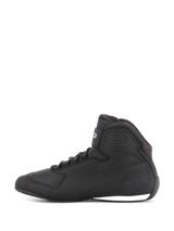 Alpinestars Sektor Shoes, Motorcycle Riding Shoes, Black, side profile view, high-top design with laces, microfiber upper, textured ankle protection, sleek racing-inspired look with white sole accent