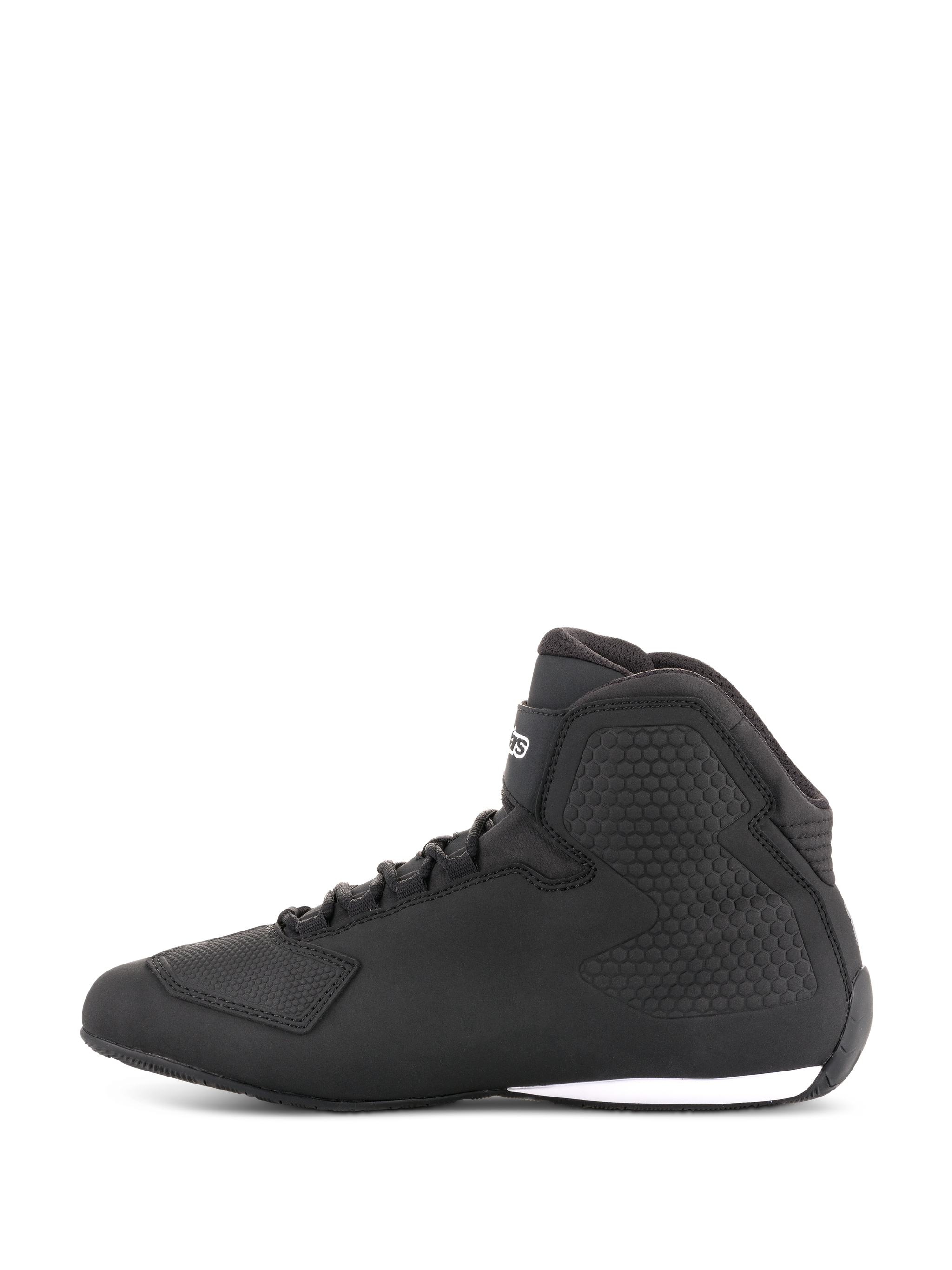 Alpinestars Sektor Shoes, Motorcycle Riding Shoes, Black, side profile view, high-top design with laces, microfiber upper, textured ankle protection, sleek racing-inspired look with white sole accent