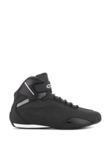 Alpinestars Sektor Shoes, Black Motorcycle Riding Shoes, side profile view, sleek microfiber construction with reinforced toe and ankle strap, white Alpinestars logo, athletic sport-styled protective footwear.