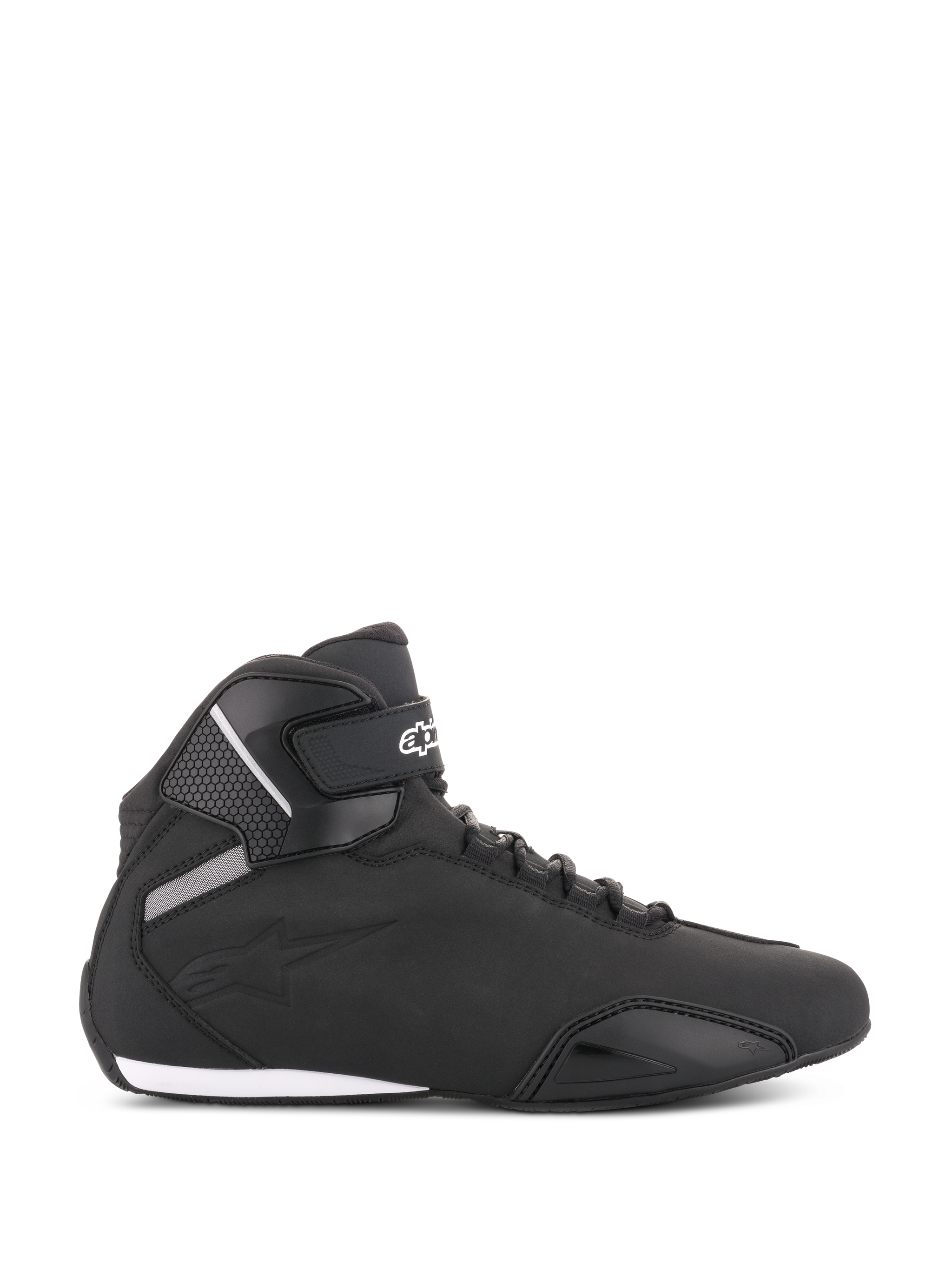Alpinestars Sektor Shoes, Black Motorcycle Riding Shoes, side profile view, sleek microfiber construction with reinforced toe and ankle strap, white Alpinestars logo, athletic sport-styled protective footwear.