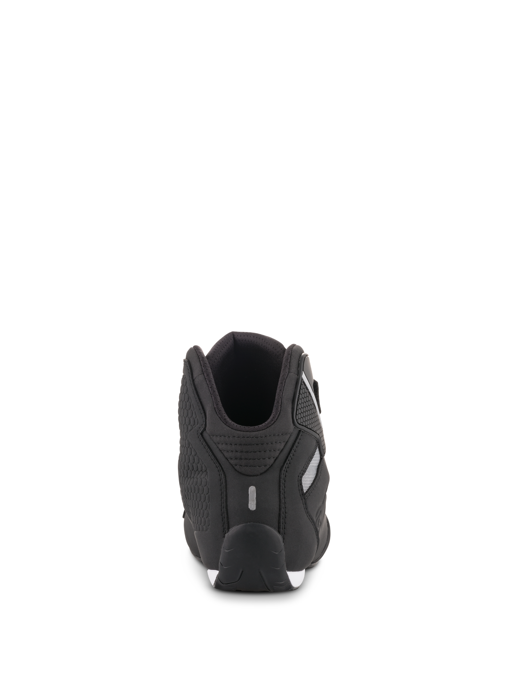 Alpinestars Sektor Shoes, Black, Rear View, showing heel construction with reflective detail and textured side panel, lightweight microfiber motorcycle riding footwear for sport and road use