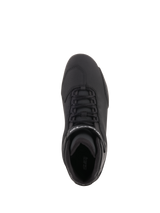 Alpinestars Sektor Shoes, Motorcycle Riding Shoes, Black, top-down view featuring speed lacing system, ankle strap with white logo, and reinforced toe area, sleek microfiber construction