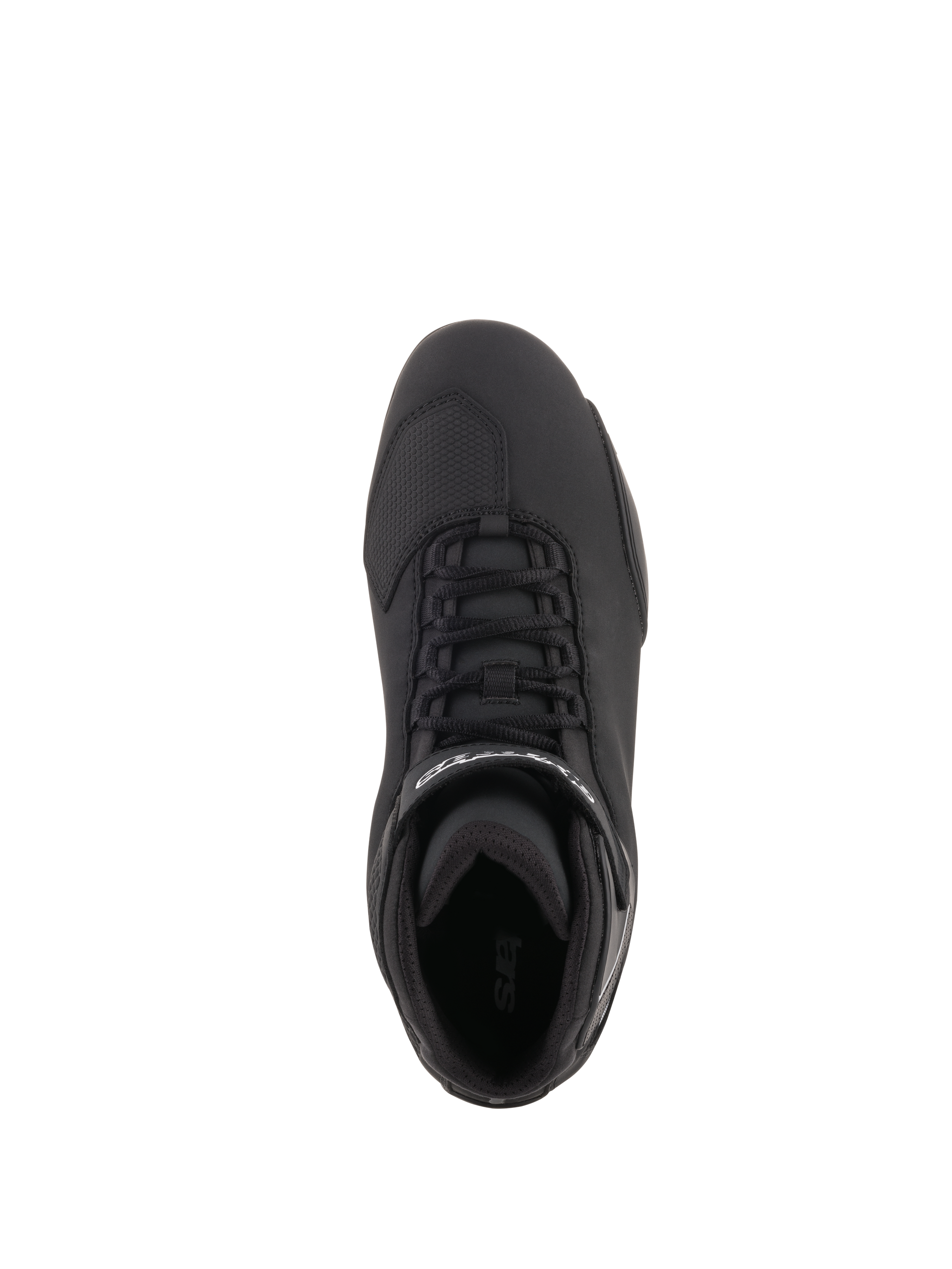 Alpinestars Sektor Shoes, Motorcycle Riding Shoes, Black, top-down view featuring speed lacing system, ankle strap with white logo, and reinforced toe area, sleek microfiber construction