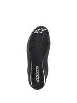 Alpinestars Sektor Shoes, Black Motorcycle Riding Shoes, bottom view showing textured rubber sole, white Alpinestars star logo on the toe and heel branding, designed for grip and durability