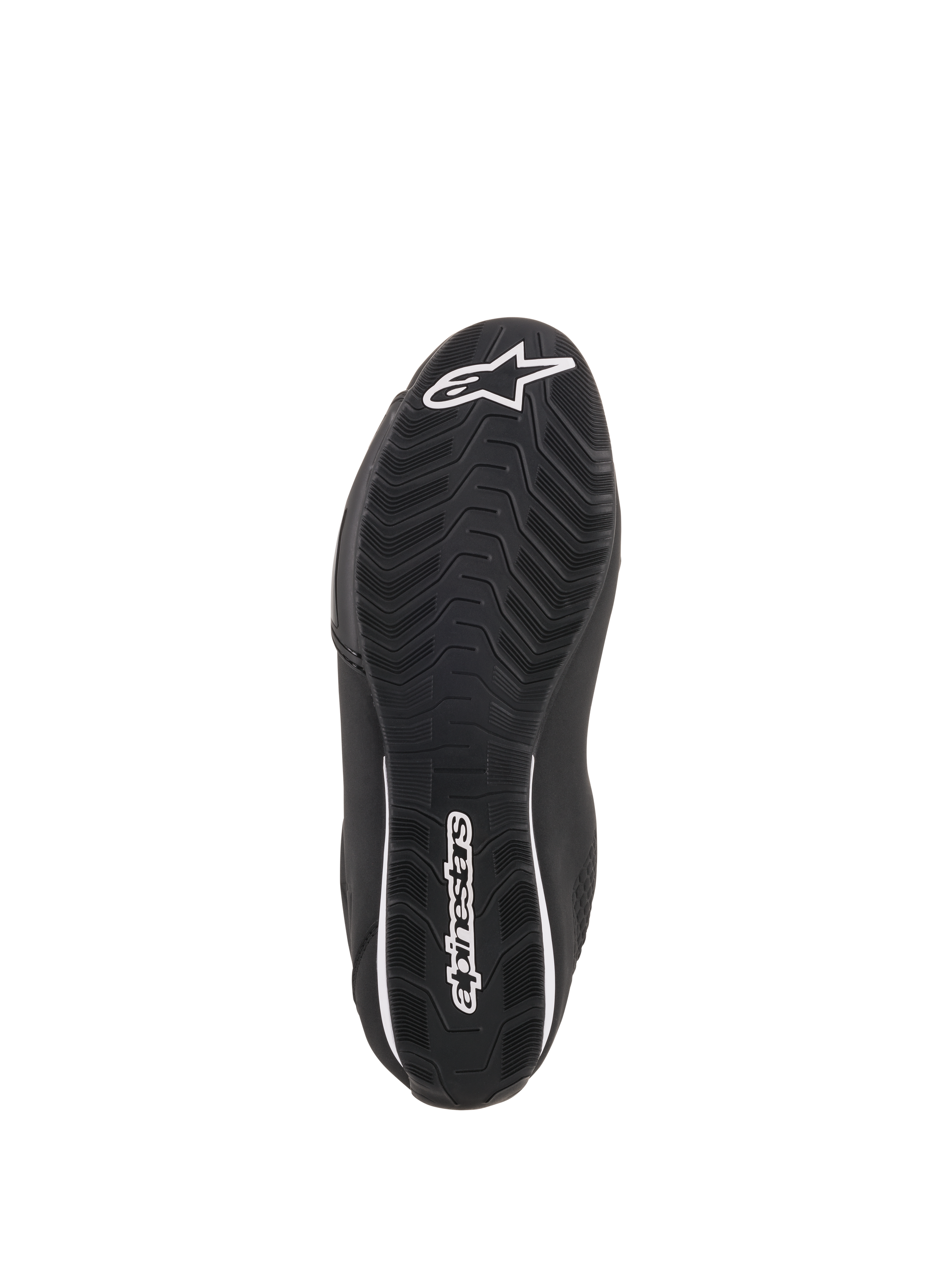 Alpinestars Sektor Shoes, Black Motorcycle Riding Shoes, bottom view showing textured rubber sole, white Alpinestars star logo on the toe and heel branding, designed for grip and durability