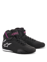 Alpinestars Women Stella Sektor Shoes, Motorcycle Riding Shoes, Black and Fuchsia, lightweight microfiber construction, high-top design with speed laces and velcro strap, pink branding and white star logo, sporty protective footwear