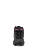 Alpinestars Women Stella Sektor Shoes, Motorcycle Riding Shoes, Black Fuchsia, front view, featuring microfiber construction, black laces, and a fuchsia logo on the ankle strap, sleek sport-inspired design.