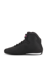 Alpinestars Women Stella Sektor Shoes, Motorcycle Riding Shoes, Black and Fuchsia, side profile featuring a black microfiber upper with a pink logo on the ankle strap and a white accent on the heel.