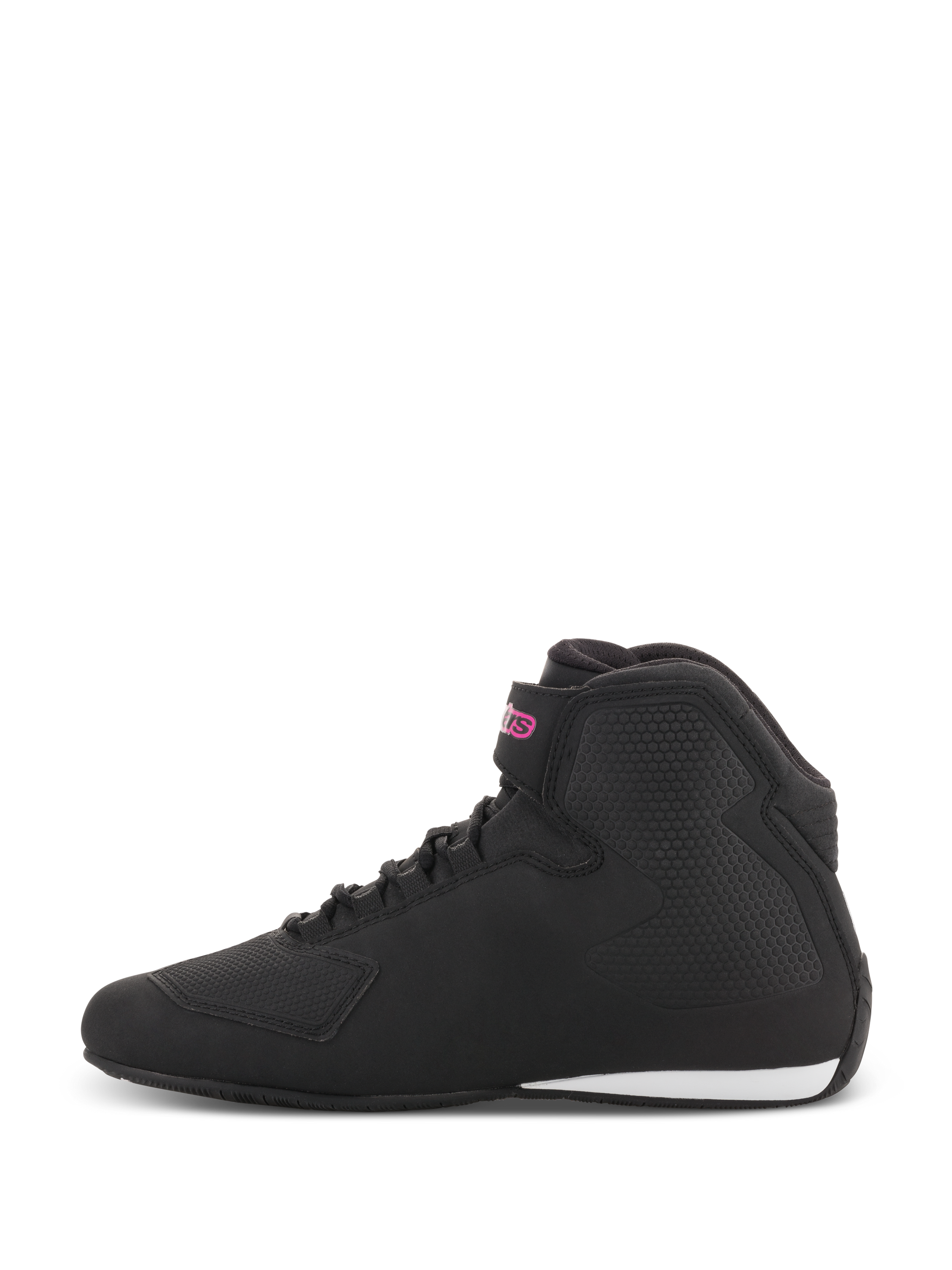 Alpinestars Women Stella Sektor Shoes, Motorcycle Riding Shoes, Black and Fuchsia, side profile featuring a black microfiber upper with a pink logo on the ankle strap and a white accent on the heel.