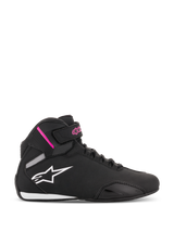 Alpinestars Women Stella Sektor Shoes, Black and Fuchsia high-top motorcycle riding shoes, white star logo, pink accents on ankle strap, black laces, white and black sole, lightweight microfiber construction