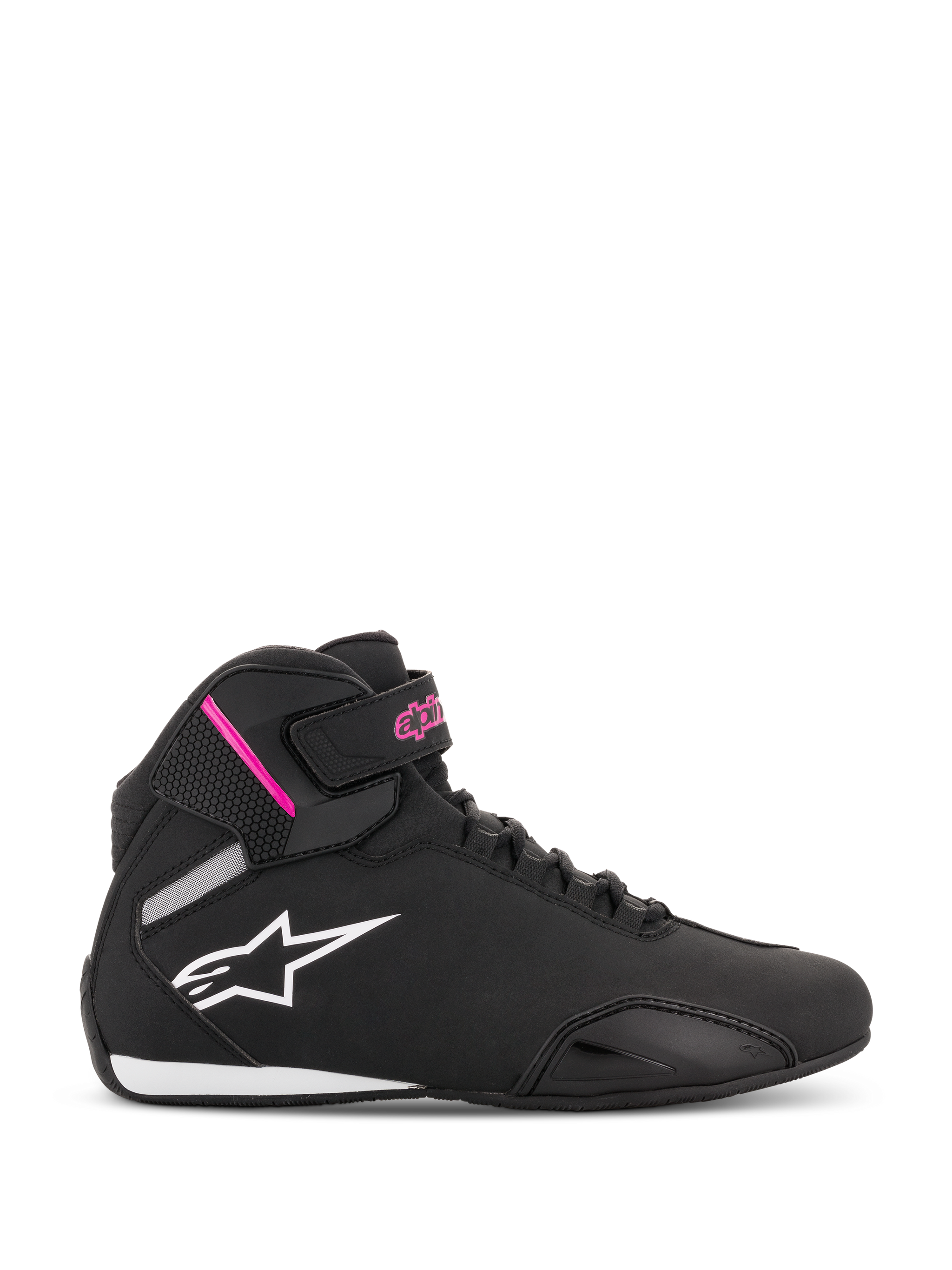 Alpinestars Women Stella Sektor Shoes, Black and Fuchsia high-top motorcycle riding shoes, white star logo, pink accents on ankle strap, black laces, white and black sole, lightweight microfiber construction