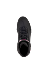 Alpinestars Women Stella Sektor Shoes, Motorcycle Riding Shoes, Black and Fuchsia, top-down view showing speed lace system and fuchsia branding on the ankle strap, lightweight microfiber construction with a sleek sport profile