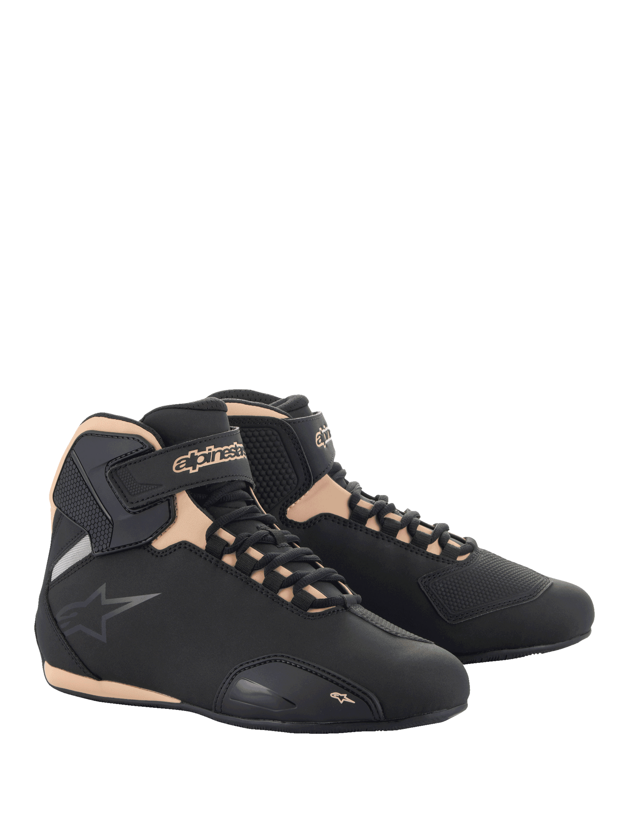 Alpinestars Stella Sektor Shoes, women's motorcycle riding footwear, Black and Champagne, lightweight microfiber construction.