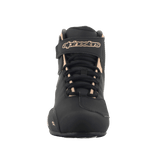 Alpinestars Stella Sektor Shoes, Women's Riding Shoes, Black and Champagne, front view featuring black laces and a Velcro ankle strap with Alpinestars branding, lightweight microfiber with reinforced toe