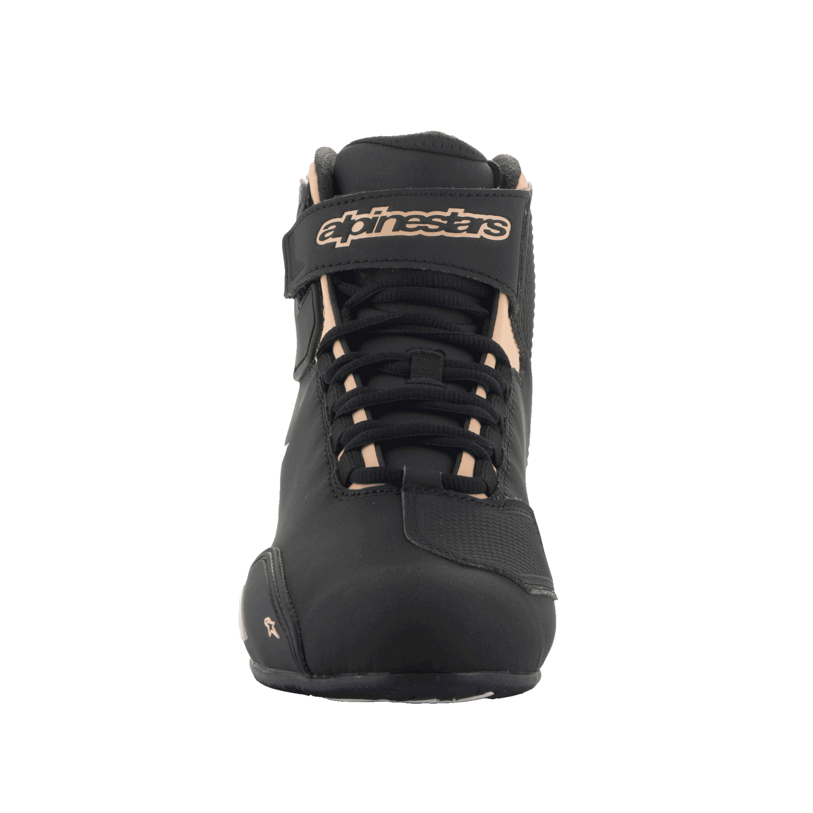 Alpinestars Stella Sektor Shoes, Women's Riding Shoes, Black and Champagne, front view featuring black laces and a Velcro ankle strap with Alpinestars branding, lightweight microfiber with reinforced toe