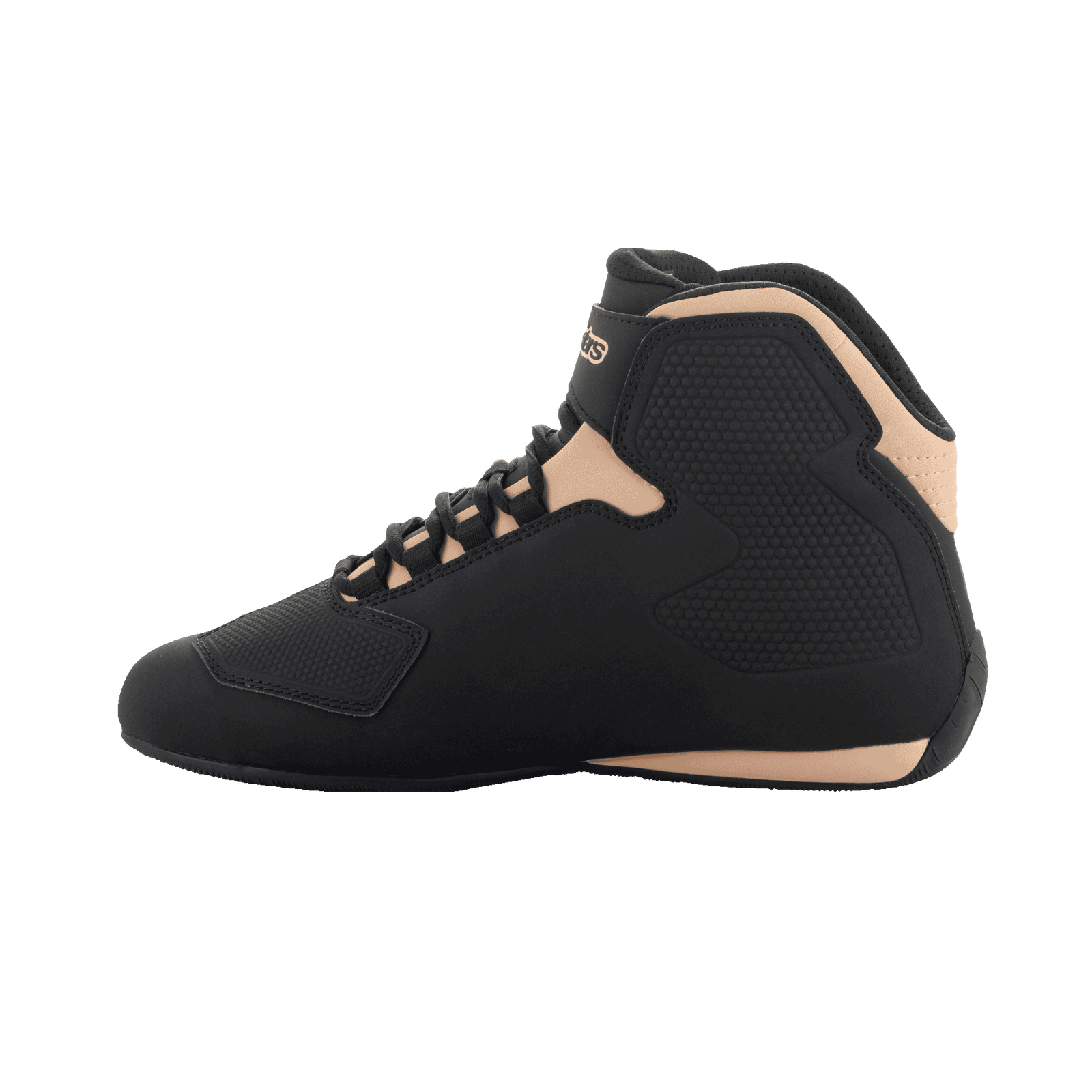 Alpinestars Stella Sektor Shoes, Women's Motorcycle Riding Shoes, Black and Champagne, side view showing high-top profile, microfiber upper with textured protective panels, laces and ankle strap, performance footwear for road riding