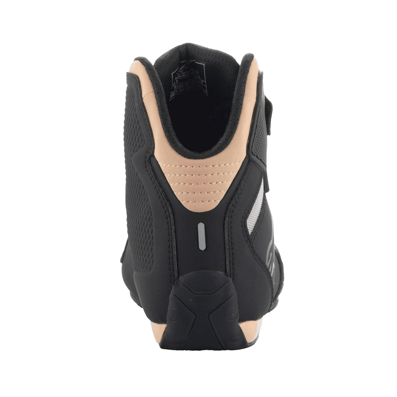 Alpinestars Stella Sektor Shoes, Women's Motorcycle Riding Shoes, Black and Champagne, rear view highlighting the padded champagne collar, reinforced heel with reflective detail, and sleek microfiber design