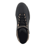 Alpinestars Womens Stella Sektor Shoes, Riding Shoes, Black and Champagne, top-down view, featuring black laces with champagne accents, Velcro ankle strap, and reinforced toe box for motorcycle riding