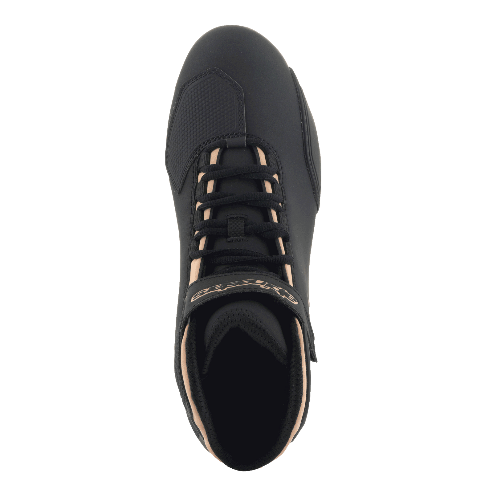 Alpinestars Womens Stella Sektor Shoes, Riding Shoes, Black and Champagne, top-down view, featuring black laces with champagne accents, Velcro ankle strap, and reinforced toe box for motorcycle riding