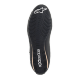 Alpinestars Womens Stella Sektor Shoes, Motorcycle Riding Shoes, Black Champagne, bottom view showing the textured rubber sole with a wavy grip pattern, white Alpinestars logo on the heel and brand name in the arch, engineered for footpeg support and traction