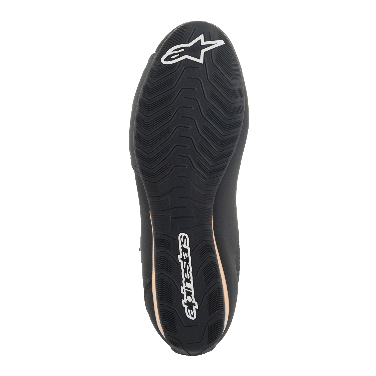 Alpinestars Womens Stella Sektor Shoes, Motorcycle Riding Shoes, Black Champagne, bottom view showing the textured rubber sole with a wavy grip pattern, white Alpinestars logo on the heel and brand name in the arch, engineered for footpeg support and traction