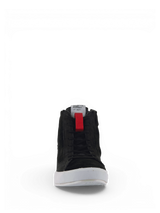 Alpinestars Stated Shoes, black urban motorcycle riding shoes for men with white vulcanized soles and red pull tabs.
