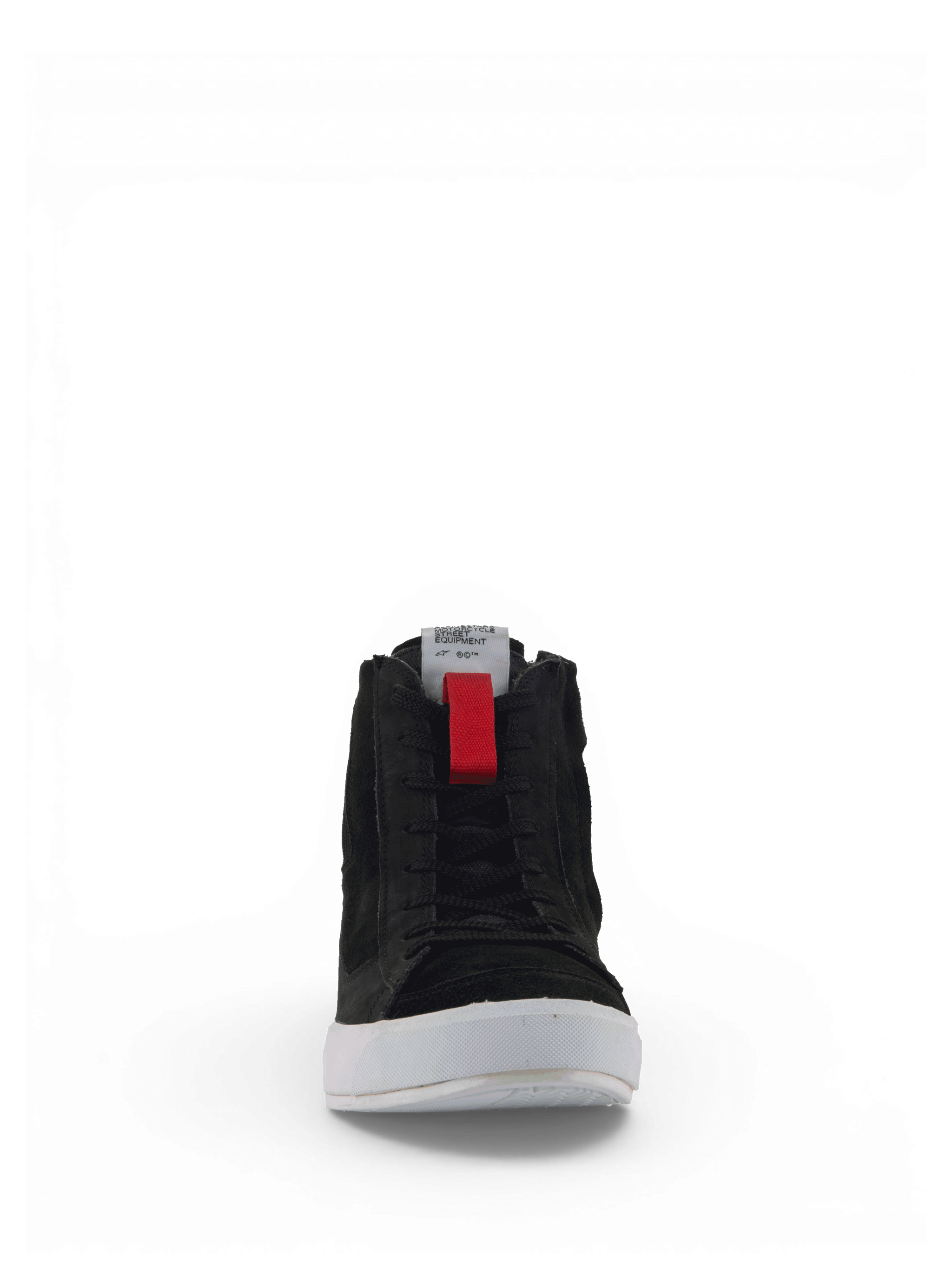 Alpinestars Stated Shoes, black urban motorcycle riding shoes for men with white vulcanized soles and red pull tabs.