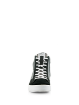 Alpinestars Stated Shoes, Black Gray and White, front-facing view of high-top motorcycle riding sneaker, white laces, black suede toebox, gray canvas panels, white vulcanized sole, urban street style