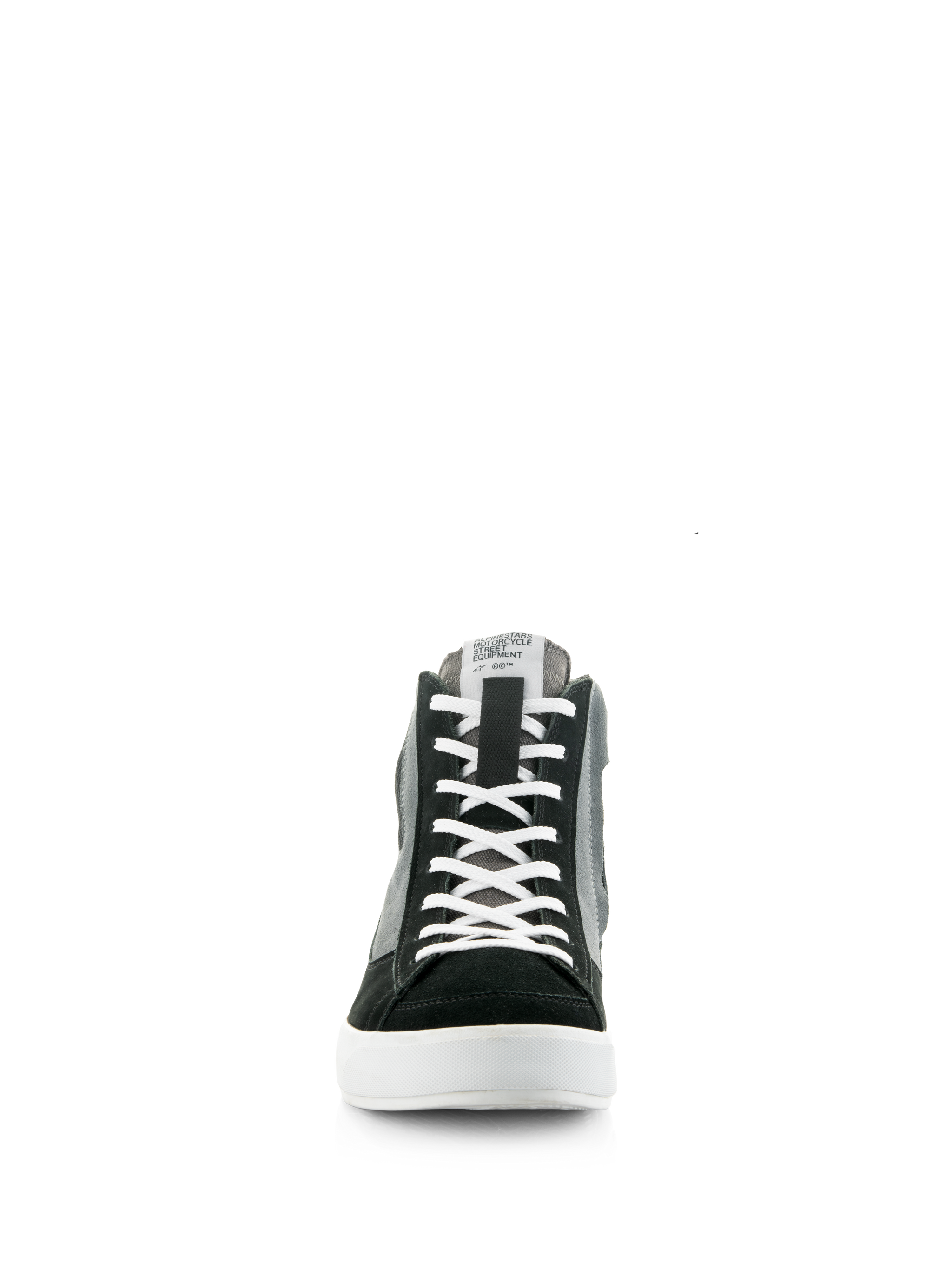 Alpinestars Stated Shoes, Black Gray and White, front-facing view of high-top motorcycle riding sneaker, white laces, black suede toebox, gray canvas panels, white vulcanized sole, urban street style