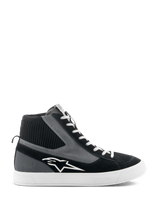 Alpinestars Stated Shoes, high-top motorcycle riding shoes, Black Gray and White, featuring a white star logo, white vulcanized rubber sole, ribbed knitted ankle collar and white laces, urban street style